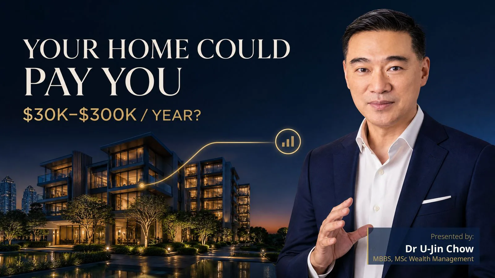 Dr. U-Jin Chow presenting the Property Monetisation Masterclass beside a paid-off Singapore home, on how your home could pay you